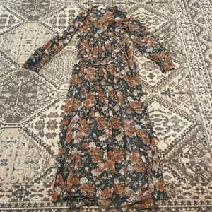 Long Floral Dark Green and Dark Orange Dress
